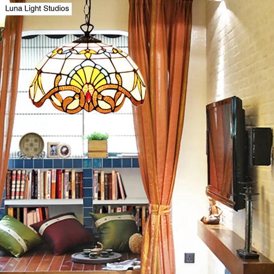 Stained Glass Victorian Kitchen Island Pendant Light - Adjustable Floral Ceiling Fixture In Yellow