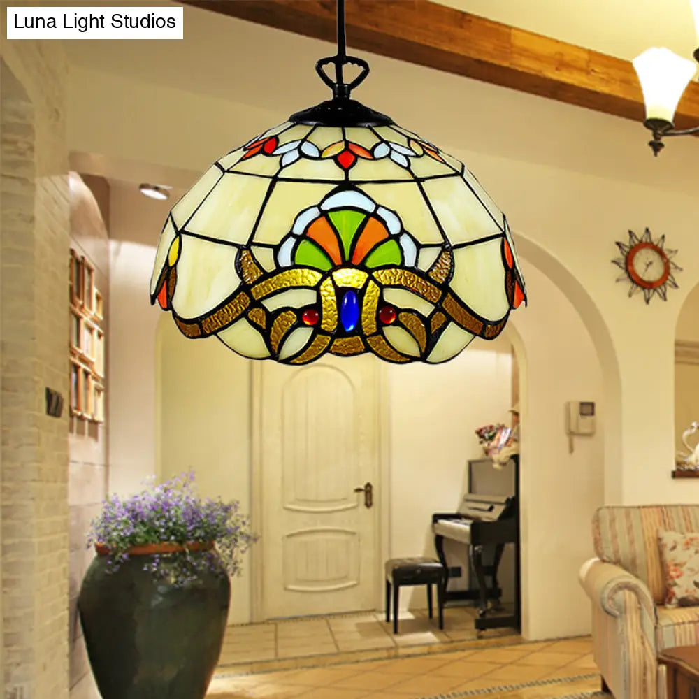 Stained Glass Victorian Kitchen Island Pendant Light - Adjustable Floral Ceiling Fixture In Yellow