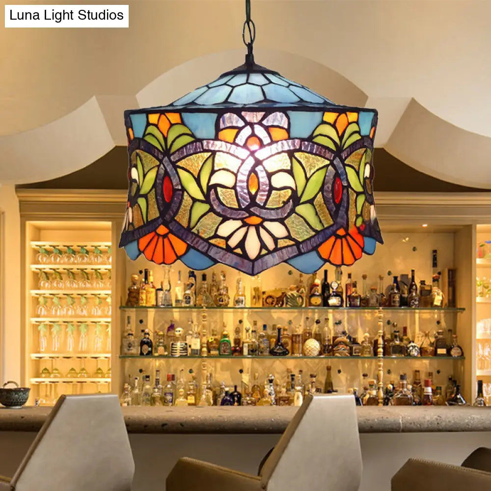 Adjustable Stained Glass Drum Pendant Lighting: Victorian Style For Dining Room (14 W) Aqua