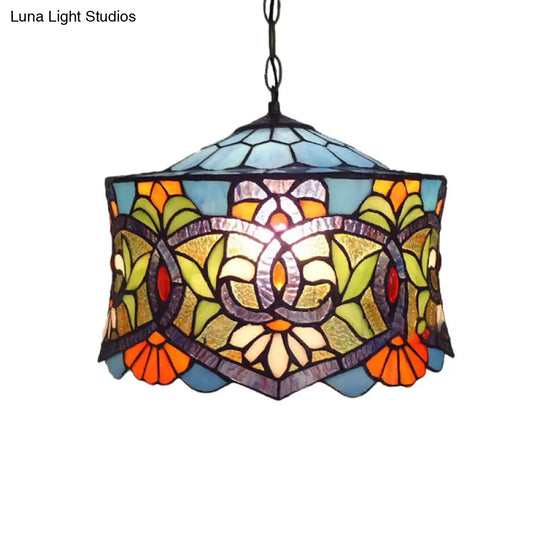 Adjustable Stained Glass Drum Pendant Lighting: Victorian Style For Dining Room (14 W)