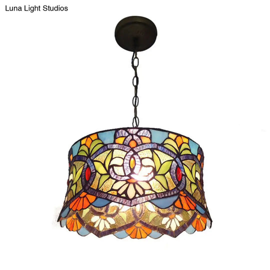 Adjustable Stained Glass Drum Pendant Lighting: Victorian Style For Dining Room (14 W)