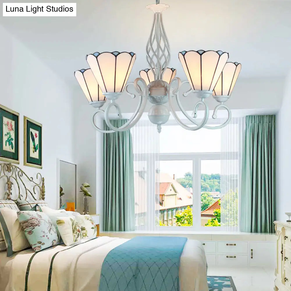Adjustable White Glass Cone Chandelier With 5 Lights - Traditional Pendant Light For Bedroom