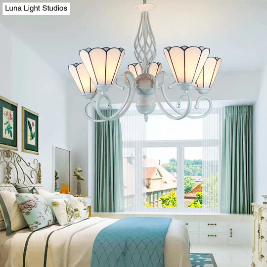 Adjustable White Glass Cone Chandelier With 5 Lights - Traditional Pendant Light For Bedroom