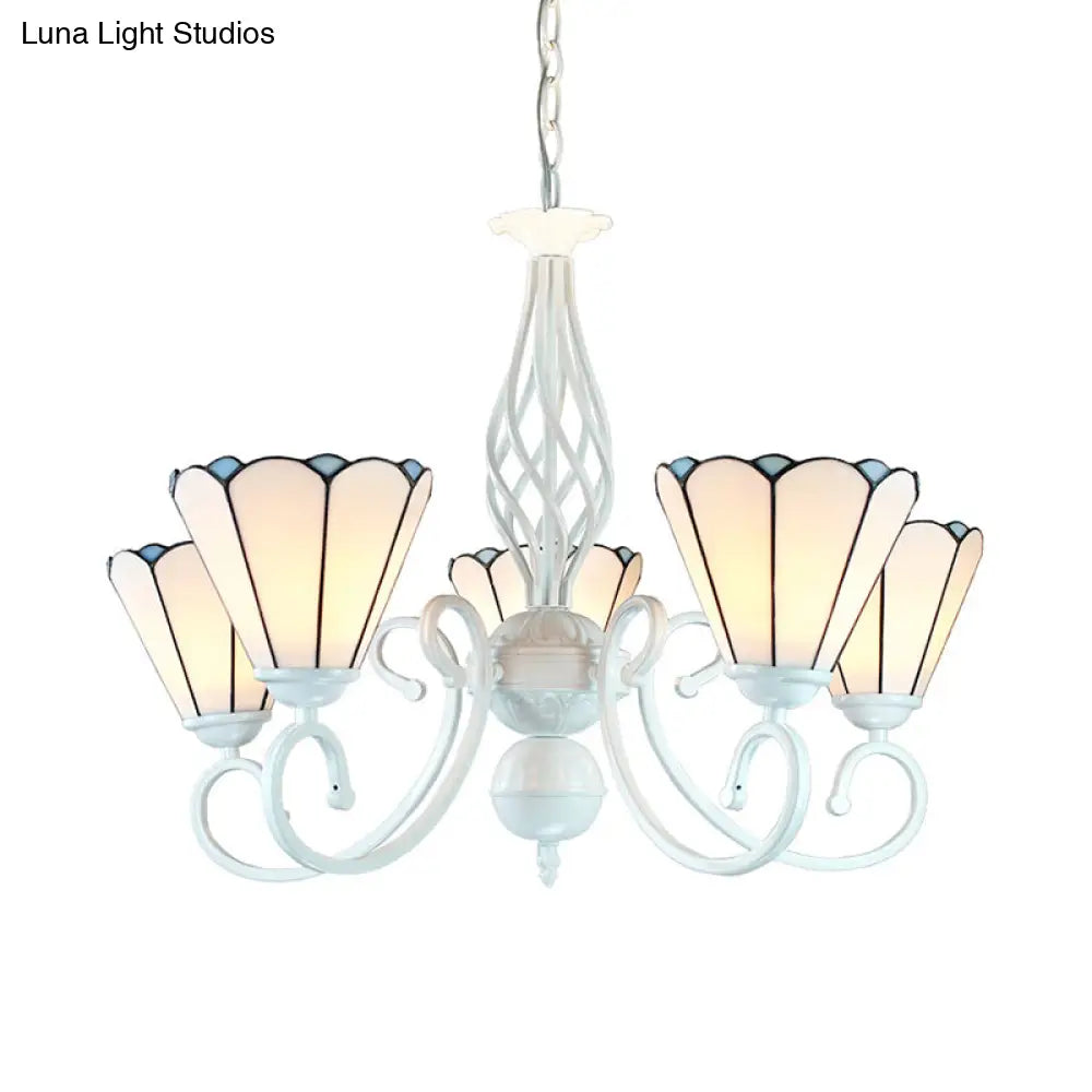 Adjustable White Glass Cone Chandelier With 5 Lights - Traditional Pendant Light For Bedroom