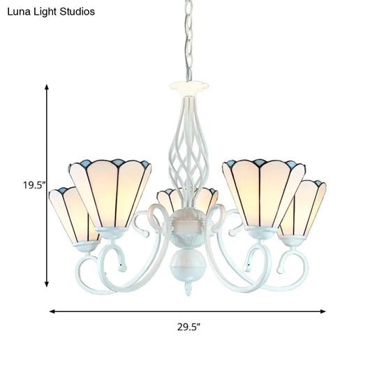 Adjustable White Glass Cone Chandelier With 5 Lights - Traditional Pendant Light For Bedroom