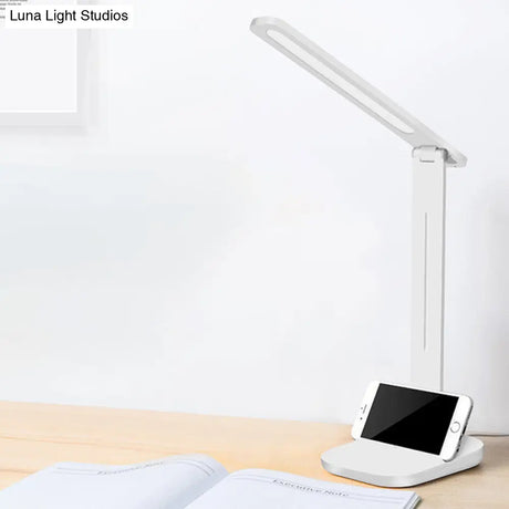 Adjustable White Oblong Shade Desk Lamp With Phone Holder - Modern Plastic Light
