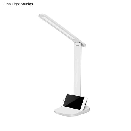 Adjustable White Oblong Shade Desk Lamp With Phone Holder - Modern Plastic Light
