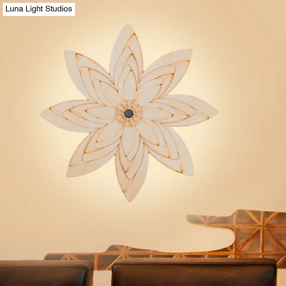 Adorable Beige Led Floral Wooden Wall Lamp: Perfect For Kids Bedroom & Hallway