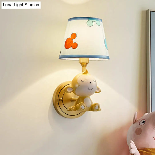 Adorable Cartoon Monkey Wall Lamp With Brass Fixture & Fabric Shade