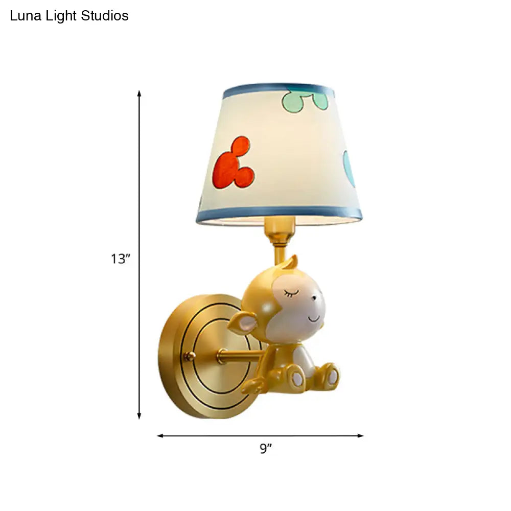 Adorable Cartoon Monkey Wall Lamp With Brass Fixture & Fabric Shade