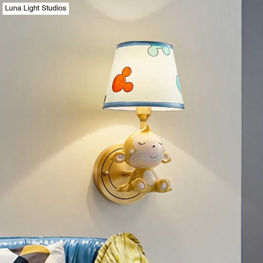 Adorable Cartoon Monkey Wall Lamp With Brass Fixture & Fabric Shade