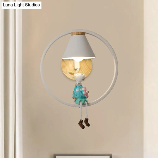 Adorable Deer/Angel Girl Wall Light: Cartoon Metal 1-Light Pink/Blue Lighting With Fabric Shade