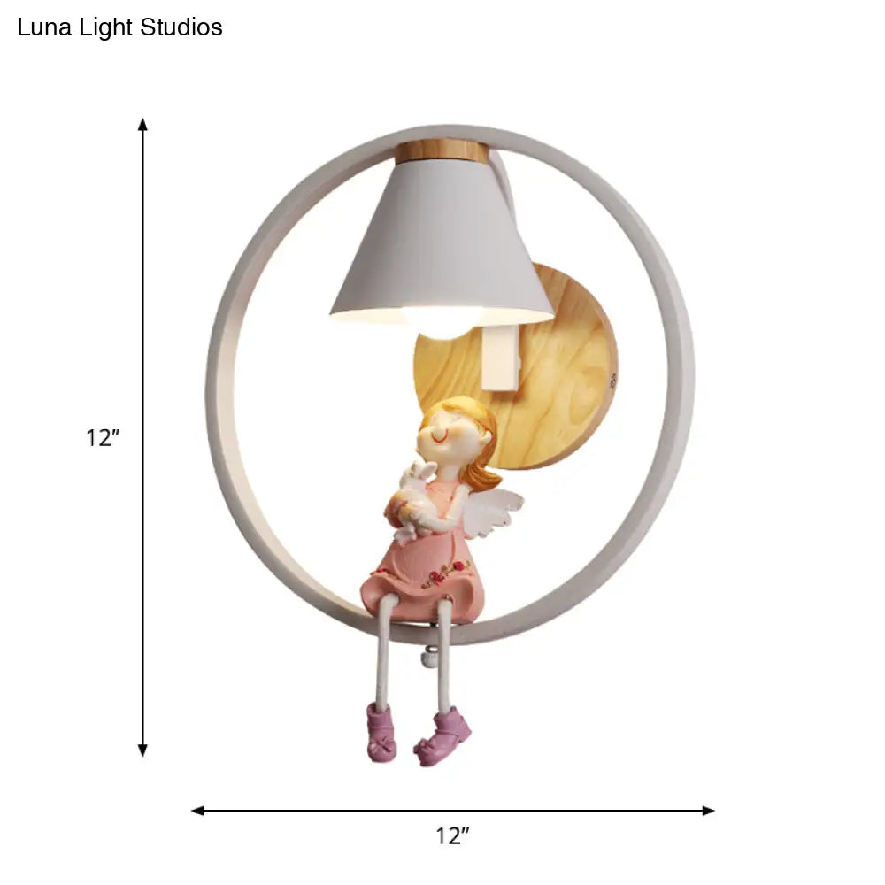 Adorable Deer/Angel Girl Wall Light: Cartoon Metal 1-Light Pink/Blue Lighting With Fabric Shade