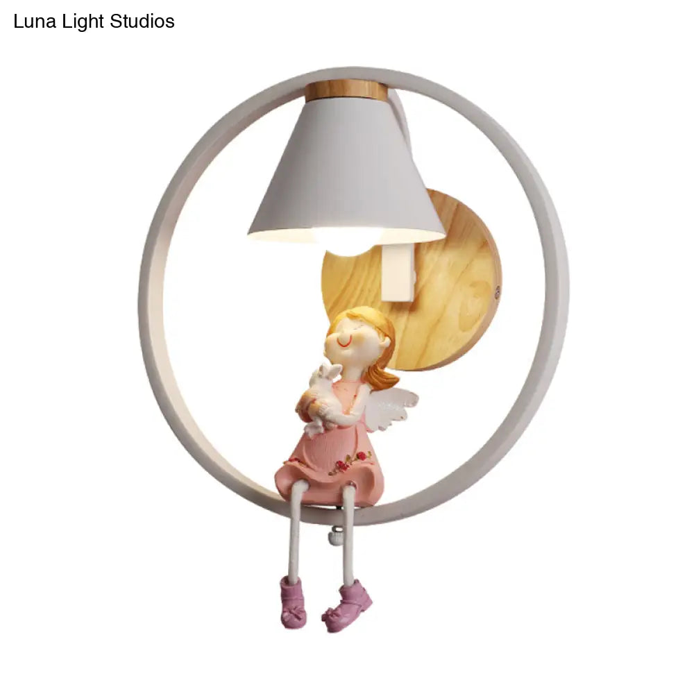 Adorable Deer/Angel Girl Wall Light: Cartoon Metal 1-Light Pink/Blue Lighting With Fabric Shade