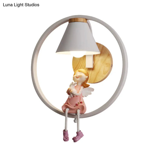 Adorable Deer/Angel Girl Wall Light: Cartoon Metal 1-Light Pink/Blue Lighting With Fabric Shade