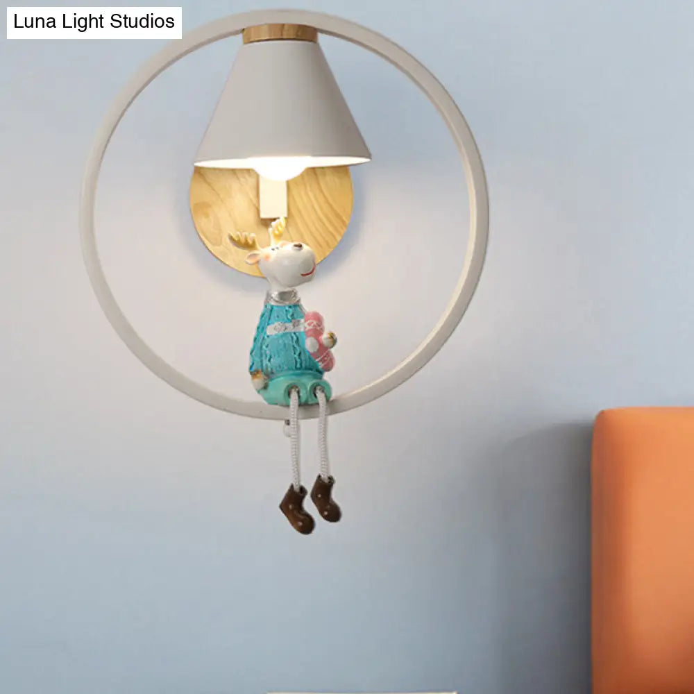 Adorable Deer/Angel Girl Wall Light: Cartoon Metal 1-Light Pink/Blue Lighting With Fabric Shade