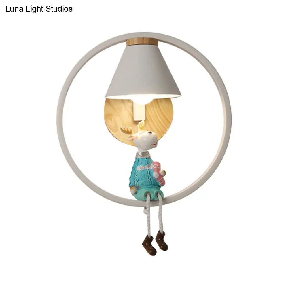 Adorable Deer/Angel Girl Wall Light: Cartoon Metal 1-Light Pink/Blue Lighting With Fabric Shade