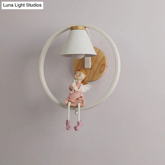 Adorable Deer/Angel Girl Wall Light: Cartoon Metal 1-Light Pink/Blue Lighting With Fabric Shade