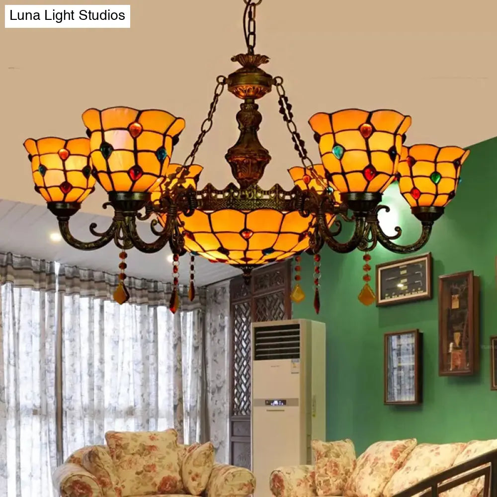 Chandelier Over Dining Table: Aged Brass Jewel Fixture With Tiffany Style Dome And Bell Shade 7 /