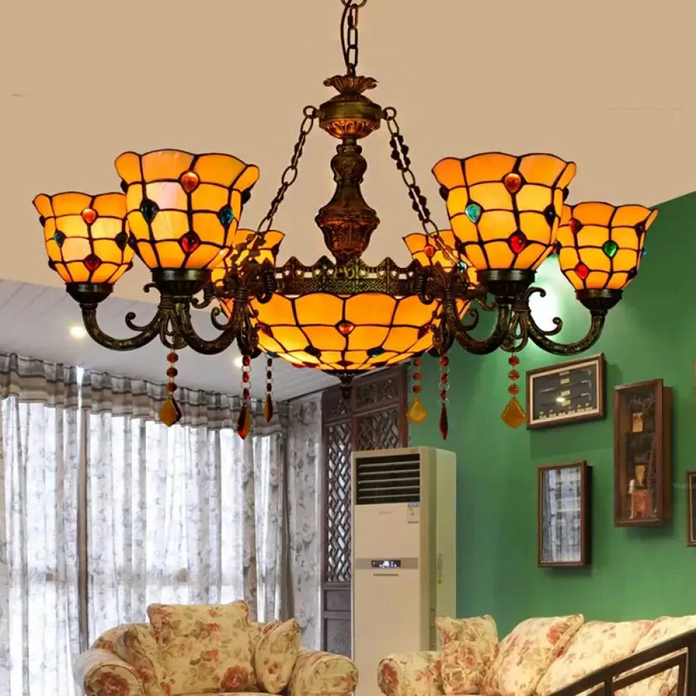 Aged Brass Chandelier With Tiffany Style Jewel Hanging Fixture For Dining Table 7 / Orange