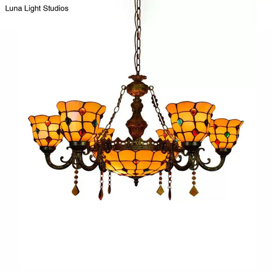 Chandelier Over Dining Table: Aged Brass Jewel Fixture With Tiffany Style Dome And Bell Shade