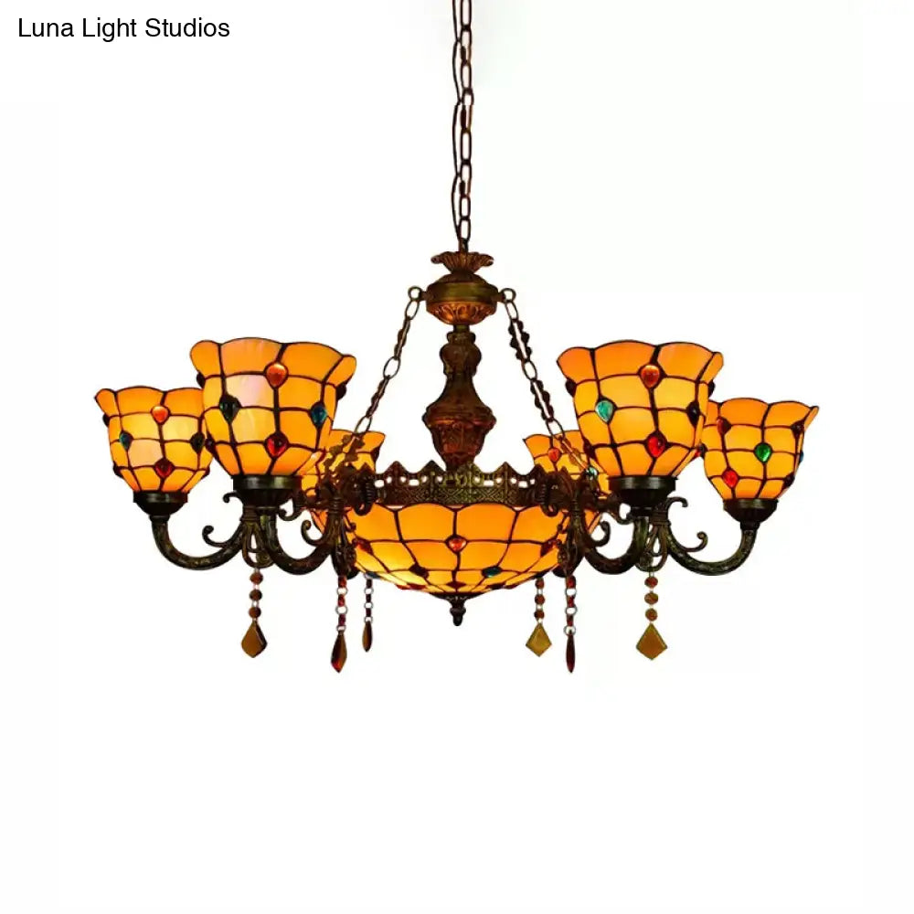 Aged Brass Chandelier With Tiffany Style Jewel Hanging Fixture For Dining Table
