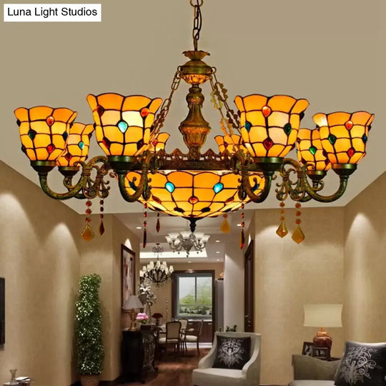 Chandelier Over Dining Table: Aged Brass Jewel Fixture With Tiffany Style Dome And Bell Shade 9 /