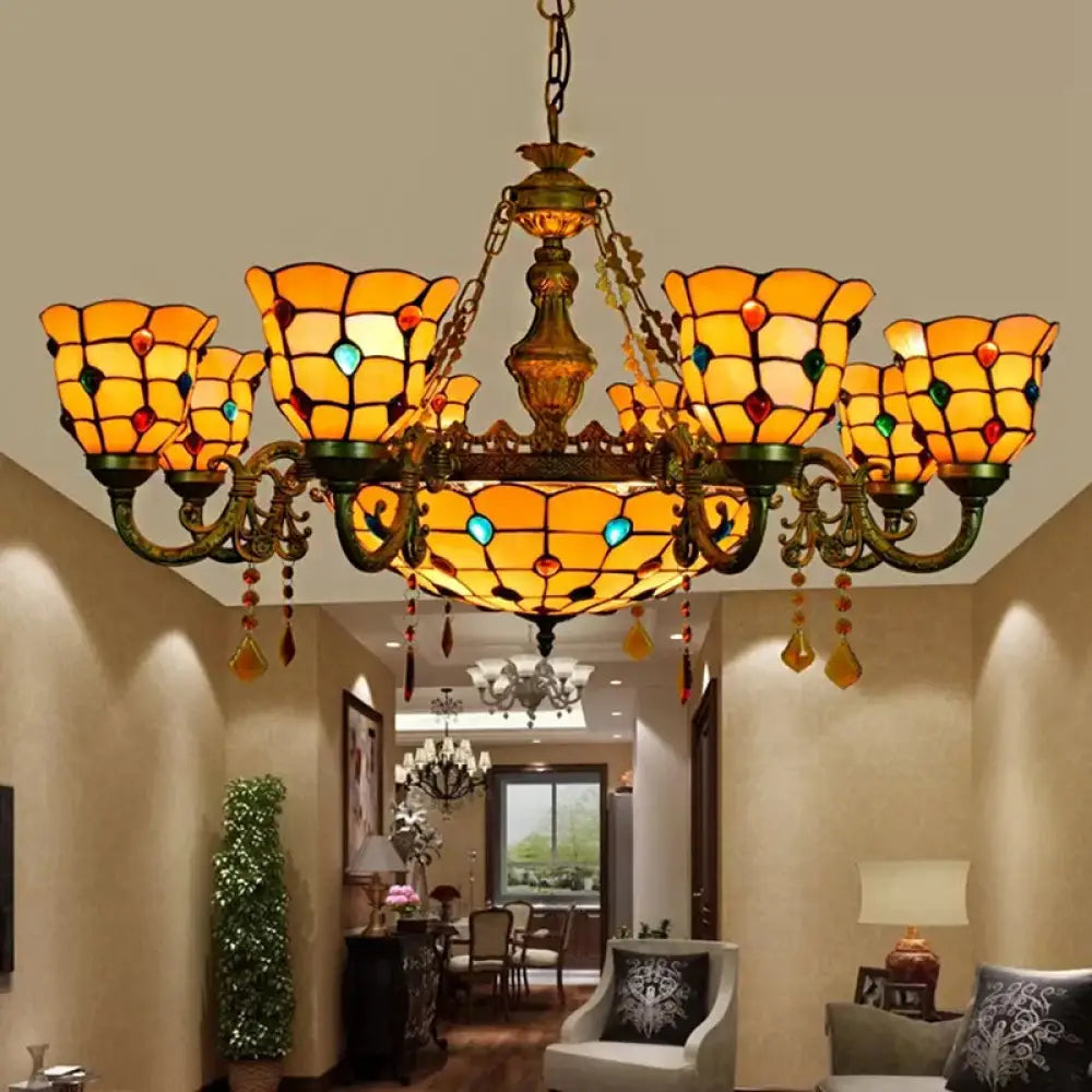Aged Brass Chandelier With Tiffany Style Jewel Hanging Fixture For Dining Table 9 / Orange