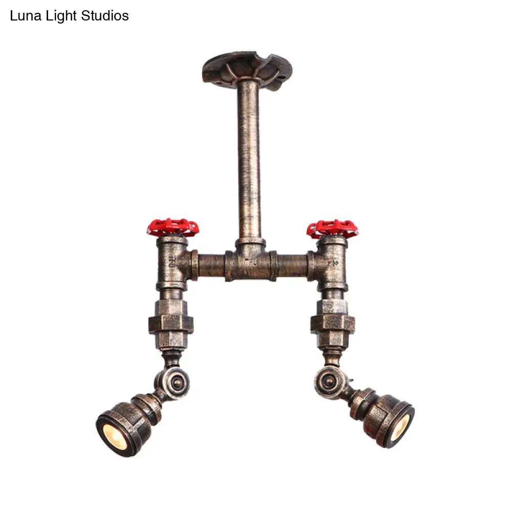 Aged Bronze Piped Semi Flush Mount Ceiling Light With Antique Style Metal And Red Valve - 2 Lights