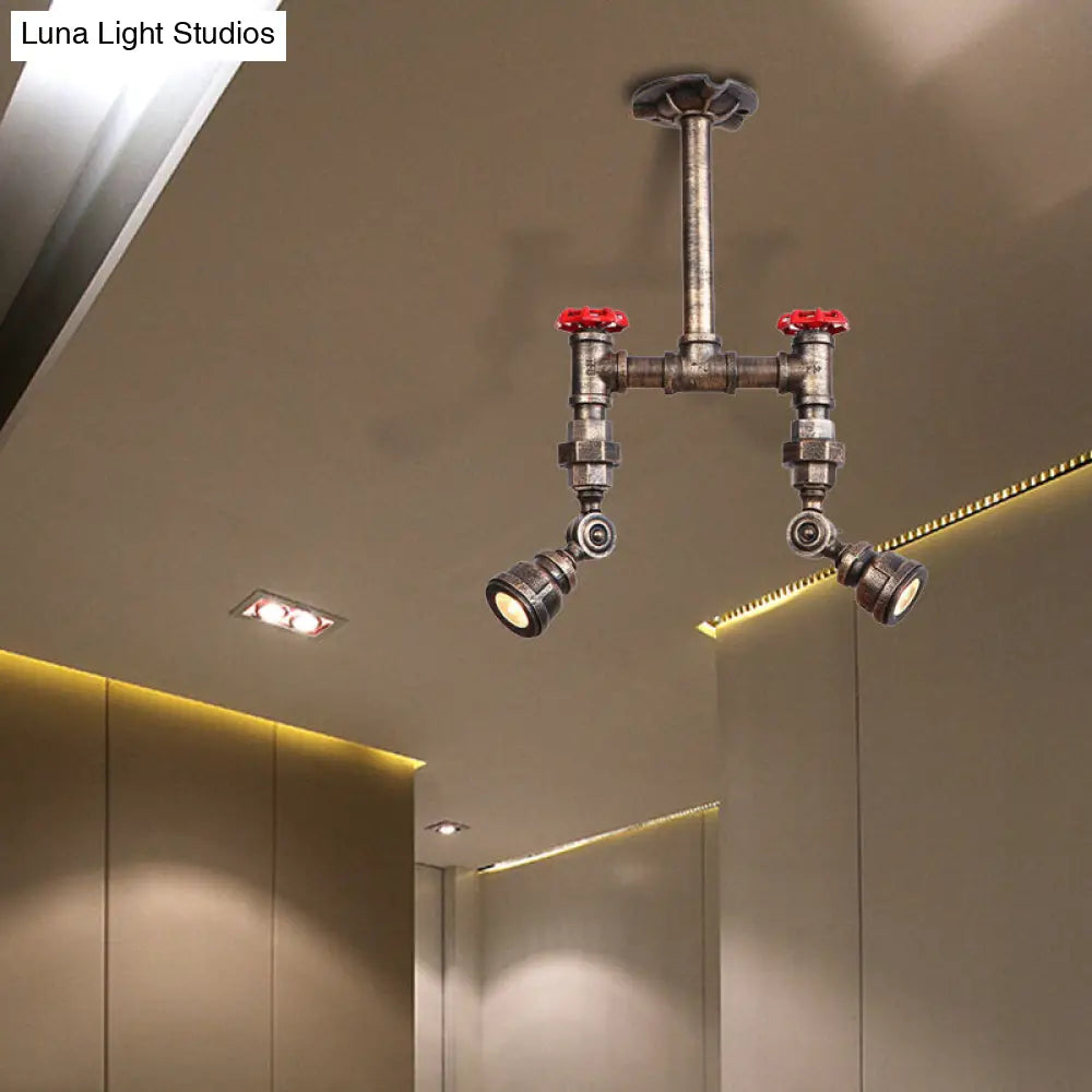 Aged Bronze Piped Semi Flush Mount Ceiling Light With Antique Style Metal And Red Valve - 2 Lights