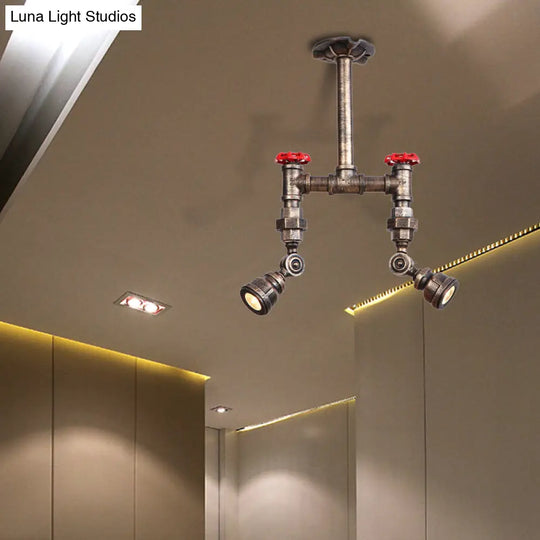 Aged Bronze Piped Semi Flush Mount Ceiling Light With Antique Style Metal And Red Valve - 2 Lights