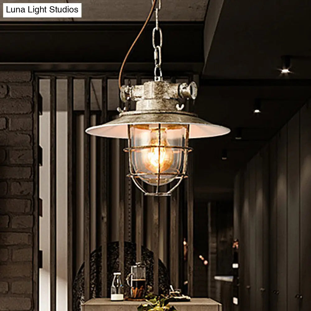 Vintage Silver Down Lighting Industrial Wire Cage Pendant Lamp With Clear Glass Shade Aged