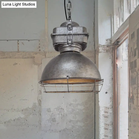 Aged Silver Bowl Pendant Light - Industrial Style Iron Ceiling Lamp With Wire Guard For Restaurants