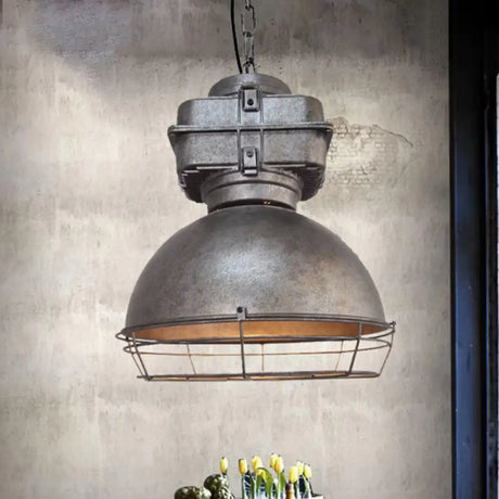 Aged Silver Bowl Pendant Light - Industrial Style Iron Ceiling Lamp With Wire Guard For Restaurants