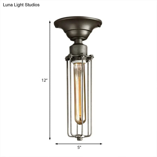 Aged Silver Tubed Cage Semi Flush Light - Retro Vintage 1 Head Balcony Ceiling Fixture
