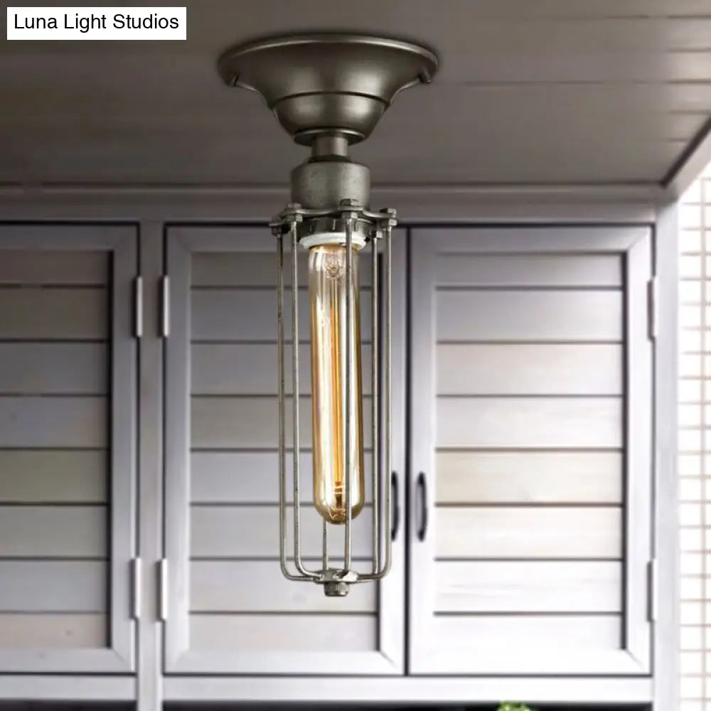 Aged Silver Tubed Cage Semi Flush Light - Retro Vintage 1 Head Balcony Ceiling Fixture