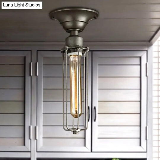 Aged Silver Tubed Cage Semi Flush Light - Retro Vintage 1 Head Balcony Ceiling Fixture