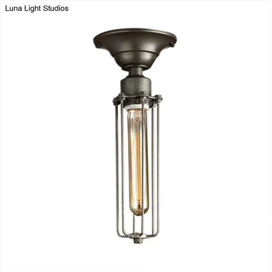 Aged Silver Tubed Cage Semi Flush Light - Retro Vintage 1 Head Balcony Ceiling Fixture