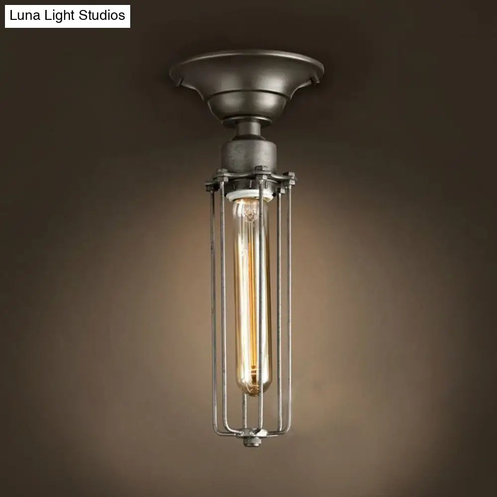 Aged Silver Tubed Cage Semi Flush Light - Retro Vintage 1 Head Balcony Ceiling Fixture