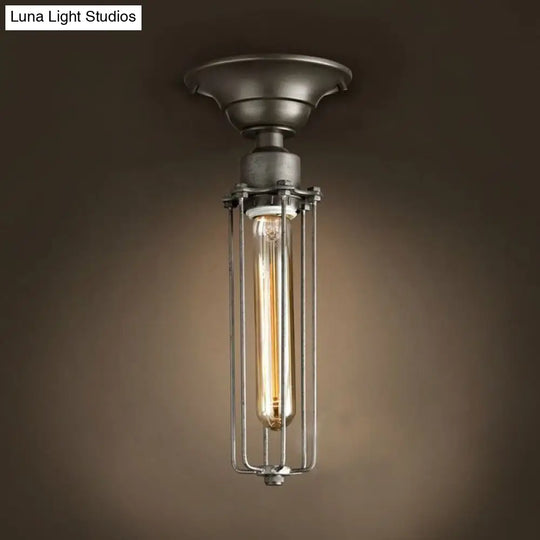 Aged Silver Tubed Cage Semi Flush Light - Retro Vintage 1 Head Balcony Ceiling Fixture