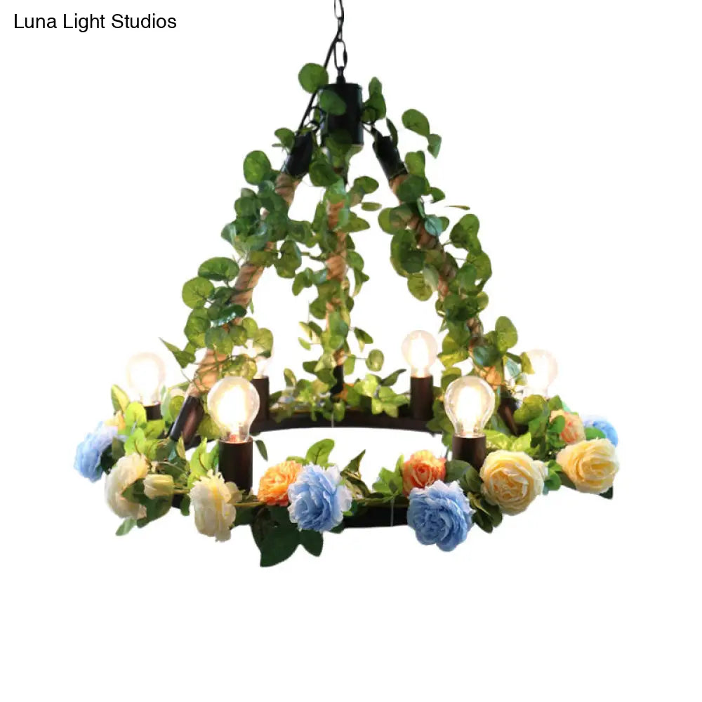 Aldhanab - Metal 6 Lights Exposed Bulb Chandelier Lamp Loft Style Black Pendant Light With Ring And