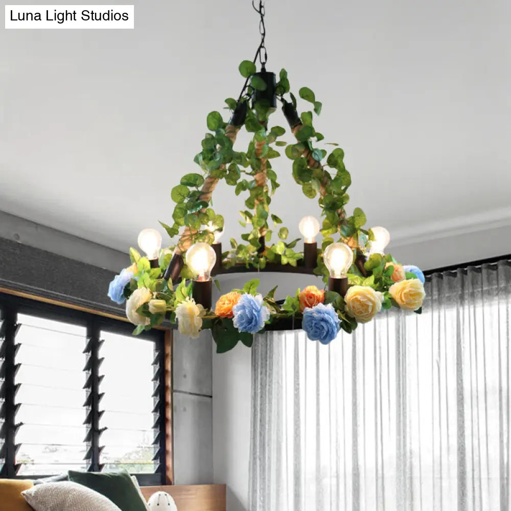 Aldhanab - Metal 6 Lights Exposed Bulb Chandelier Lamp Loft Style Black Pendant Light With Ring And