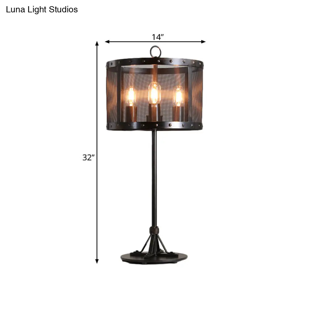 Iron Black Nightstand Light - Mesh Wire Cylinder Table Lamp With 3 Bulbs For Living Room