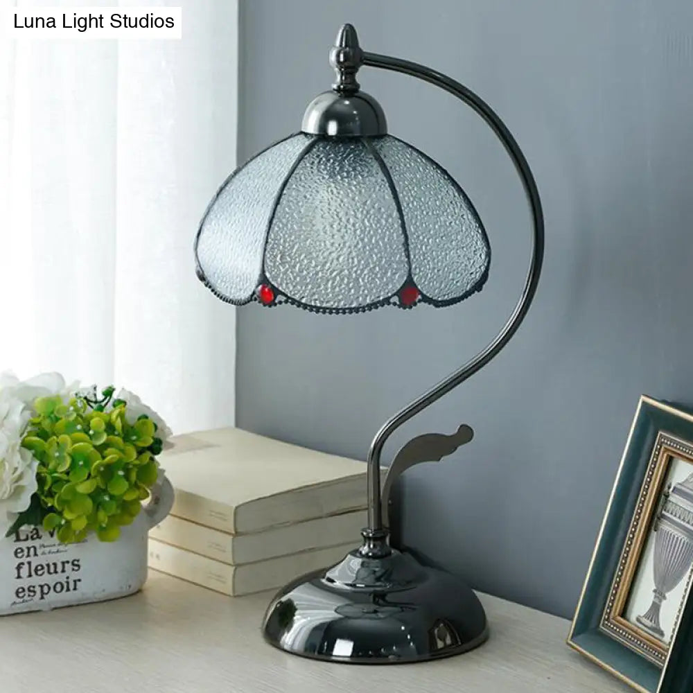 Vintage Dome Nightstand Light: Scalloped Table Lamp In Clear Water Glass With 1-Bulb Black Finish