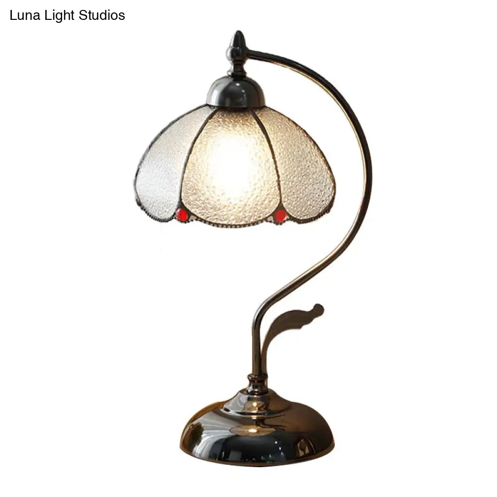 Vintage Dome Nightstand Light: Scalloped Table Lamp In Clear Water Glass With 1-Bulb Black Finish