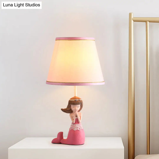 Cartoon Single Desk Light - Pink Fabric Barrel Shade Finish Girl Night Table Lamp
