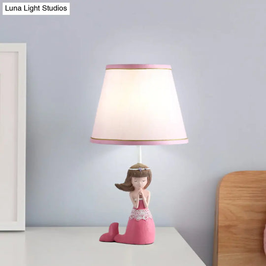 Aludra - Pink Cartoon Single Desk Light With Barrel Shade Fabric Finish Girl Night Table Lamp