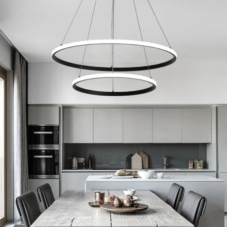 Aluminum Led Chandelier: Outer Glowing Ring Shaped Hanging Light For Restaurants Black / 2 Tiers 16’