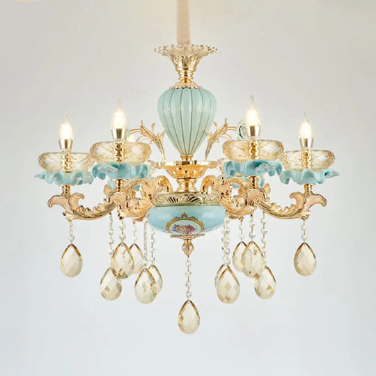 Amber Crystal Chandelier: Modern Ceramics Pendant Light In Gold For Living Room 6 /