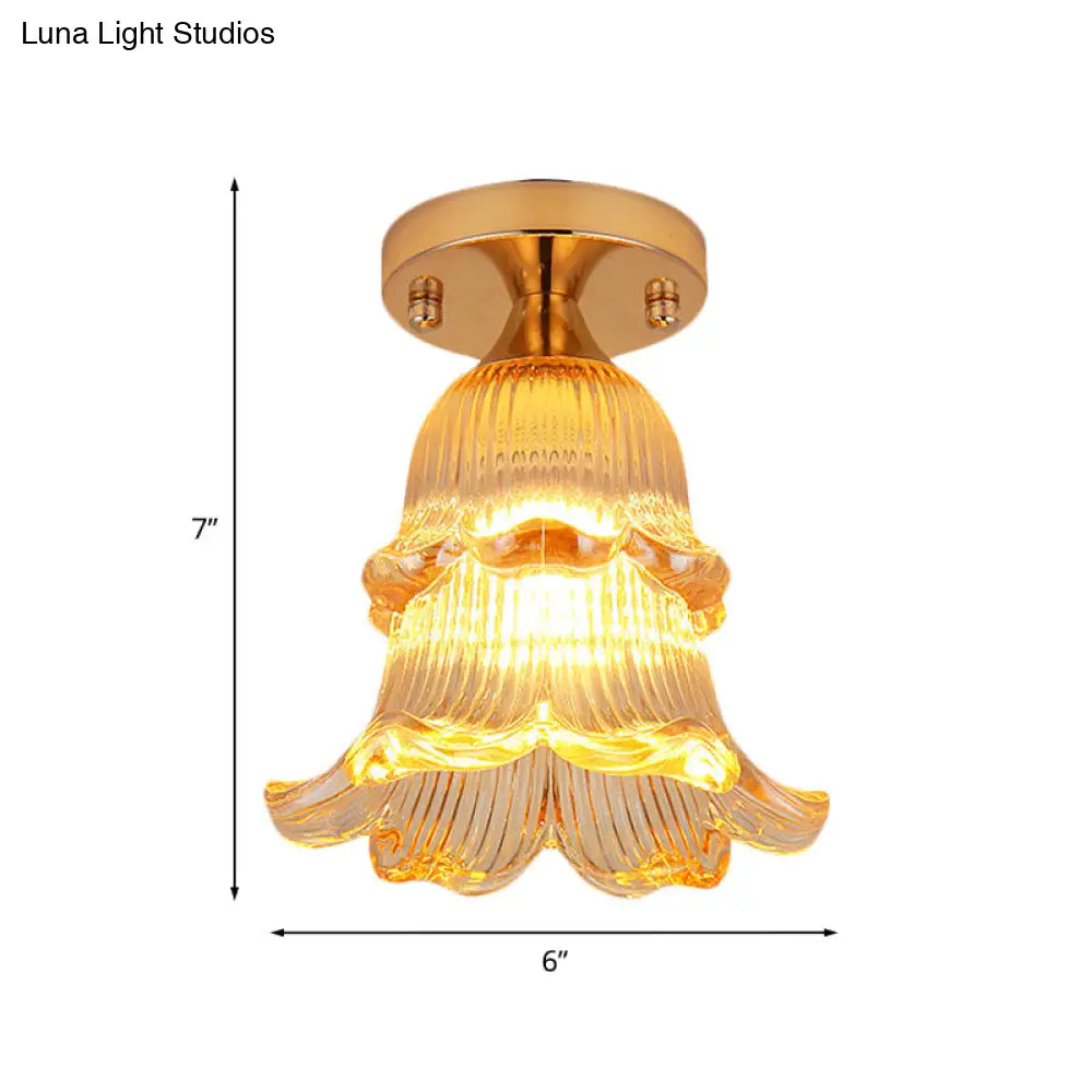Amber Crystal Flower Corridor Ceiling Light With Gold Finish Flush Mount Single Bulb